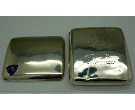 A silver card case with enamel University of Oxford crest, Birmingham 1929 and one other silver cigarette case, a/f, with cre