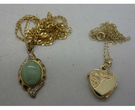 A 9ct gold locket and chain and a 9ct gold, jade and diamond pendant and chain, total weight 4.5g