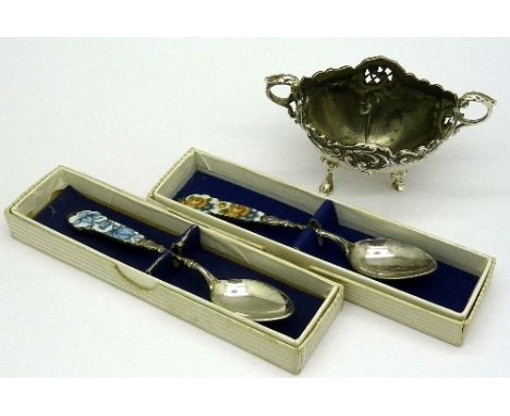 A Victorian silver salt, Birmingham 1897, and two .90 silver and enamel spoons