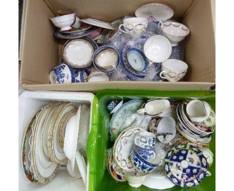 Two boxes of teaware including 19th Century, lustre, Royal Crown Derby Kensington pattern, Royal Worcester, etc.