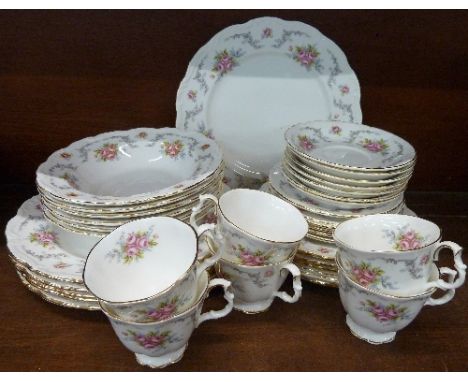 Royal Albert Tranquility tea and dinnerware comprising six large, medium and side plates, six bowls, six cups and seven sauce