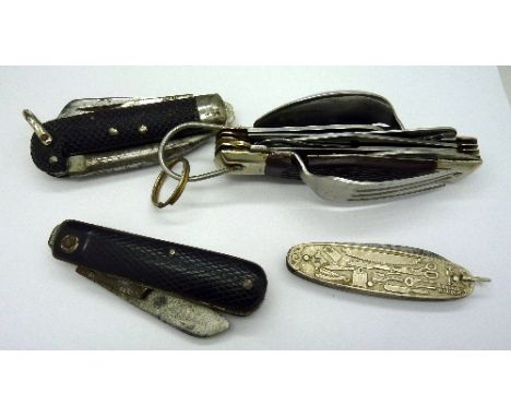 A Japanese multi tool pocket knife, an army pocket knife, a Herder Solingen pocket knife and one other