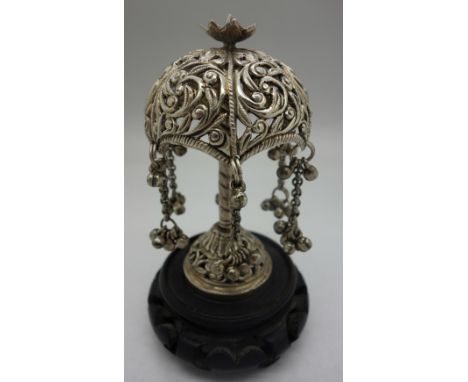 A small pierced silver candle stand in the form of a table lamp with base, height 11.5cm, weight 58g