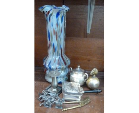 A lighter in the form of a sundial, a cigar lighter, a nut slicer, a Murano glass vase, pewter soldiers, a lidded pot marked 