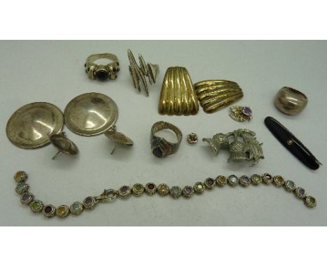 A silver and multi-coloured stone set bracelet, a/f, four silver rings, earrings and an enamel and silver brooch