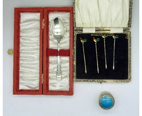 A silver and guilloche enamel topped jar, a/f, a silver spoon and four silver and enamel cocktail sticks