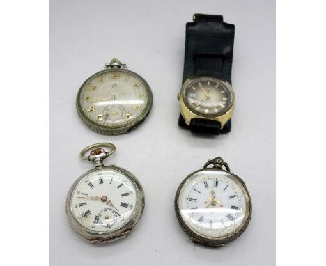 Two silver pocket watches, a/f, a dress pocket watch and a Timex wristwatch