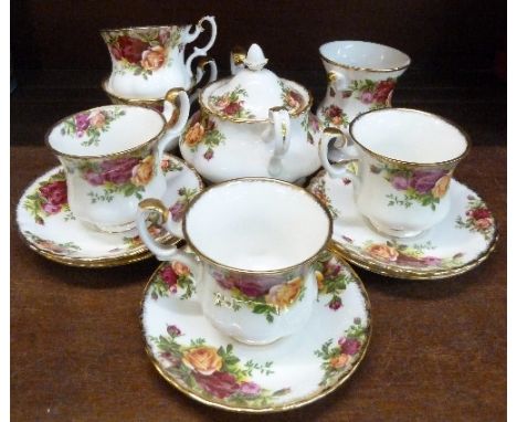 Five Royal Albert Old Country Roses coffee cups and saucers, sugar bowl and vase