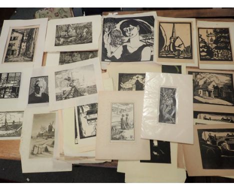 ANTON LOCK: WOOD ENGRAVING, AND R. ANNING-BELL signed print, with a collection of loose 20th century prints