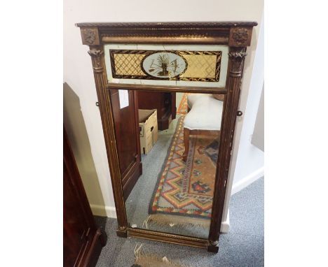 A GEORGE IV GILT PIER MIRROR, WITH VERRE EGLOMISE PANEL 97 x 52cm (a/f). Provenance: The Estate of the late John Rollo Somers