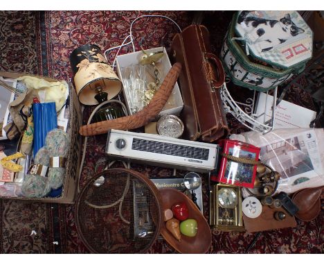 A COLLECTION OF SUNDRIES including a magnifying glass stamped with the broad arrow, a garden sieve, work basket, knitting and