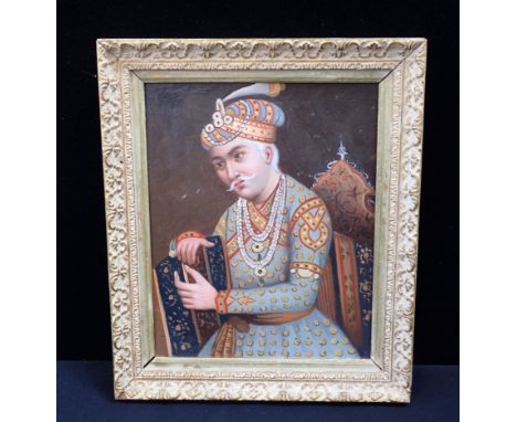 AN INDIAN PORTRAIT OF THE MUGHAL EMPEROR AKBAR oil on board 25 x 20.5cm, plus gilt frame