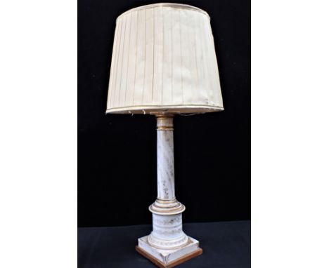 A CONTINENTAL PORCELAIN COLUMNAR TABLE LAMP 19th century, 45cm high plus wooden base and fitting (damage, wear to gilt)