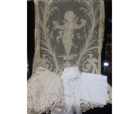 A VINTAGE LACE PANEL possibly French, depicting winged cherub and cranes, with another two lace bedcovers and a monogrammed s