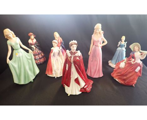 A COLLECTION OF NINE CERAMIC FIGURINES including a Royal Worcester Princess Diana, 24cm high, and a Royal Doulton 'Victorian 