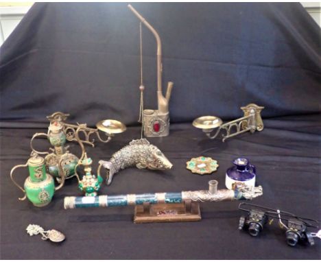 A TIBETAN FLUTE, STONE WITH METAL MOUNTS an articulated fish, other similar items, a pair of Edwardian candle sconces, a 'Pus