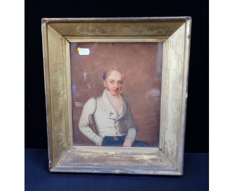 EARLY 19TH CENTURY ENGLISH SCHOOL: PORTRAIT OF A GENTLEMAN in white coat with fob, watercolour, 25 x 21cm plus gilt frame, th