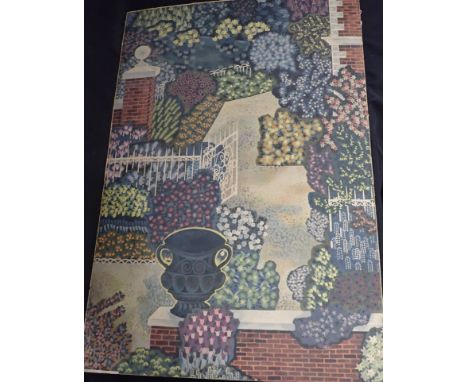 A 20TH CENTURY PRINTED PAPER PANEL, depicting a garden with urn and railings, mounted on card, the sheet with thin white marg