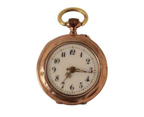 A LADIES' VICTORIAN GOLD FOB WATCH with keyless wind movement, the white enamel dial with black Arabic numerals and gold hand