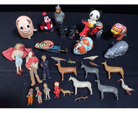 A GROUP OF CARVED WOODEN ANIMALS (all a/f), Grecon miniature dolls, Japanese tinplate and plastic toys, similar by Marx etc
