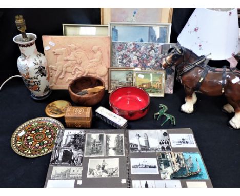 A CHINESE VASE LAMP, RELIEF PLASTER PLAQUE, A WEST GERMAN POTTERY BOWL a 1950s holiday scrap album, pictures and sundries