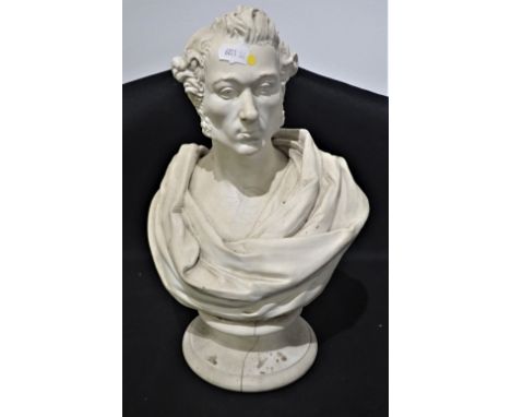 A 19TH CENTURY JOHN ROSE &amp; CO COALPORT BISCUIT PORCELAIN BUST OF A MIDDLE AGED MAN 33cm high, damaged, Provenance: Proper