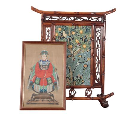 A CHINESE ANCESTOR PORTRAIT painting on silk, 19th century, 49cm high x 30.5cm, together with a Chinese carved hardwood scree