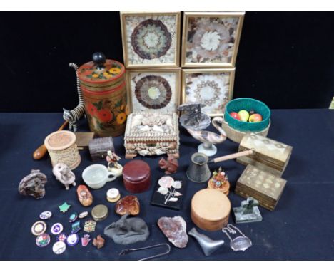 A SHELLWORK BOX, HARDSTONE PAPERWEIGHT, ALUM BAY SAND ORNAMENT two Florentine gilt boxes, enamel badges and sundries