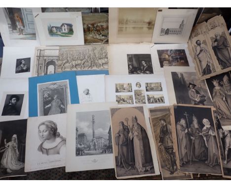 A FOLIO OF ENGRAVINGS AND OTHER PRINTS some of antiquarian architectural interest, reproductions of Northern Renaissance art,