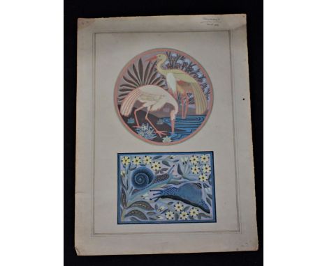 TWO GOUACHE DESIGNS FOR CERAMIC (?) PANELS IN THE AESTHETIC or Orientalist style, on one sheet of paper 38 x 28cm, inscribed 