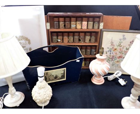 A RETRO SPICE CUPBOARD, WITH WOODEN-TOPPED JARS a magazine rack, lamps, a tray and a needlework picture