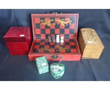 A CHINESE CLOISONNE BOX 5cm high x 8.5cm wide, together with a Chinese chess set, a walnut and parquetry tea caddy and other 