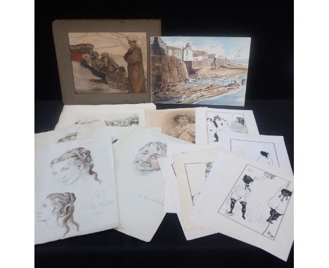 A GROUP OF WATERCOLOUR THEATRICAL PORTRAIT HEADS a number of prints after Aubrey Beardsley, and other items