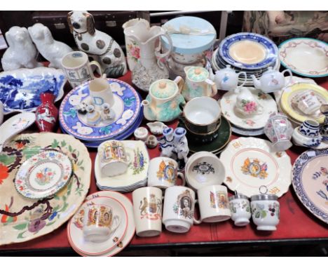 A MODERN BELLEEK EWER (some leaf damage), a Goss mug with 'D' in forget-me-nots, Staffordshire dog and other ceramics (some a