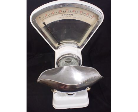 A SET OF AVERY WHITE ENAMEL SHOP SCALES weighing up to 2Lb.