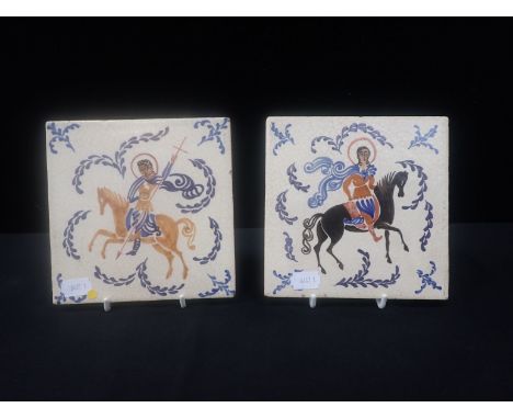 A PAIR OF EARLY CARTER POOLE TILES depicting knights on horseback