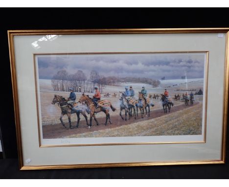 PETER CURLING: A SIGNED&nbsp; LIMITED EDITION COLOUR PRINT - ON THE GALLOPS AT LAMBOURNE&nbsp;194/660 in gilt frame 65 x 100c