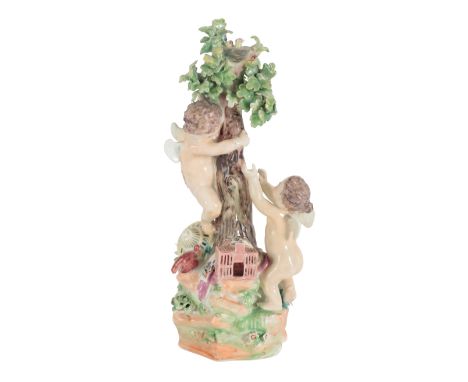 AN 18TH CENTURY DUESBURY &amp; CO DERBY PORCELAIN FIGURE - BIRD CATCHERS modelled with cupids and cages, 21.5cm high, patch m