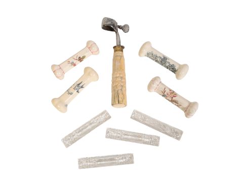 A COLLECTION OF KNIFE RESTS, AND A BONE HOLDER including painted ceramic examples and cut glass examples