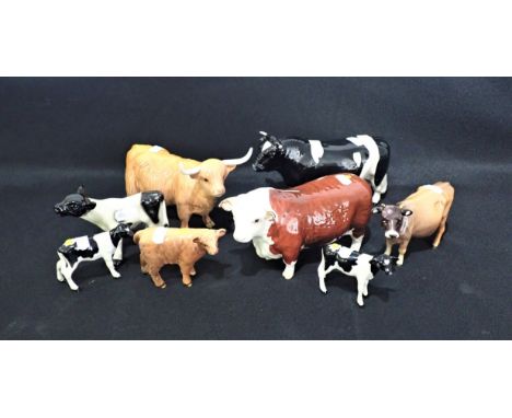 SEVEN BESWICK POTTERY CATTLE FIGURES including Highland, 13cm high, together with a ceramic Friesian calf (Beswick Friesian B