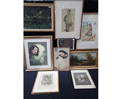 A JAPANESE PRINT OF A WOMAN, AND OTHER FRAMED PICTURES AND PRINTS including Guy Fawkes siezed by Knevet, a Vanity Fair print;