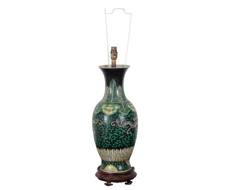 A CHINESE PORCELAIN FAMILLE VERTE BALUSTER VASE later converted to a lamp, 45.5cm high, requiring restoration