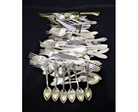 A SET OF SIX RUSSIAN 875 STANDARD SILVER TEASPOONS champleve enamelled in light and dark blue with flowers, a quantity of Eas