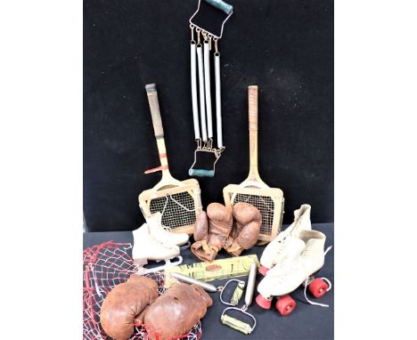 TWO PAIRS OF VINTAGE LEATHER BOXING GLOVES with a pair of vintage Rom roller skates, 'Terry' Slimming apparatus, and a set of