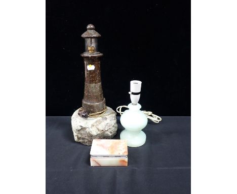 A CORNISH SERPENTINE LIGHTHOUSE 40cms height, together with another stone table lamp and box