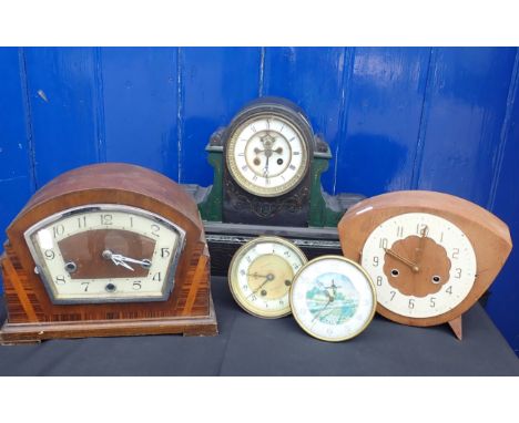 A VICTORIAN SLATE AND MARBLE CLOCK with Brocot type escapement, with two later walnut-cased clocks, a novelty clock, and a Vi