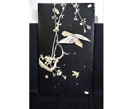 A SHIBAYAMA LACQUER PANEL in bone and mother-of-pearl, signed 61 x 36cm