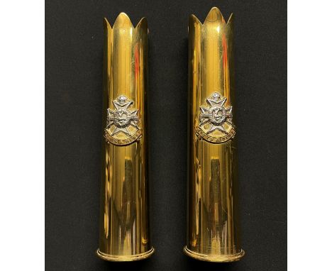 WW2 British Trench Art 2prd shell cases with Notts &amp; Derby Sherwood Foresters cap badges affixed. Dated 1940 &amp; 1941. 