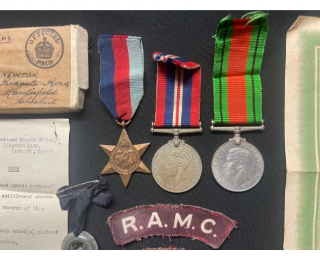WW2 British RAMC Medal Group to J Newton comprising of 1939-45 Star, War Medal and Defence Medal complete with box and slip a