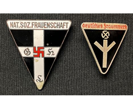 WW2 Third Reich Enamel Membership badges Deutsches Frauenwerk and National Soz. Frauenschaft. Maker marked RZM M1/155 and RZM